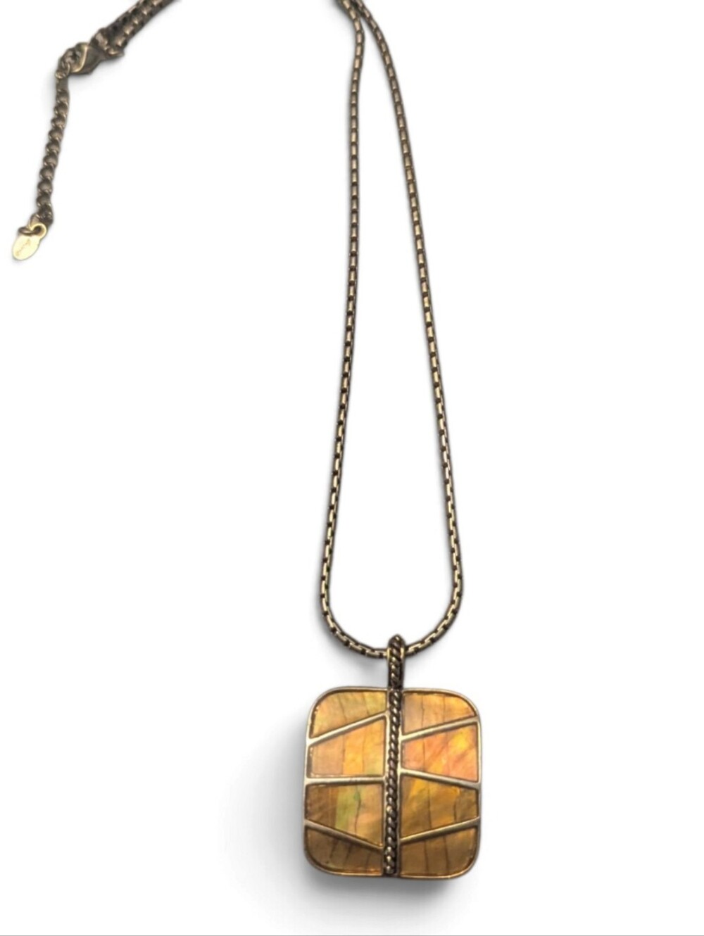 Vintage Monet Signed Iridescent Gold Enamel Square Pendant Necklace